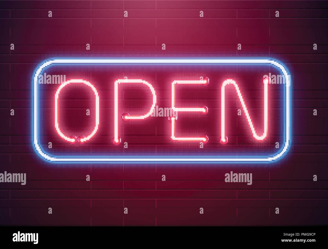 Bar ouvert la lumière au néon. Magasin de nuit lettres rougeoyants rouges . Ouvert 24 heures sign Illustration de Vecteur