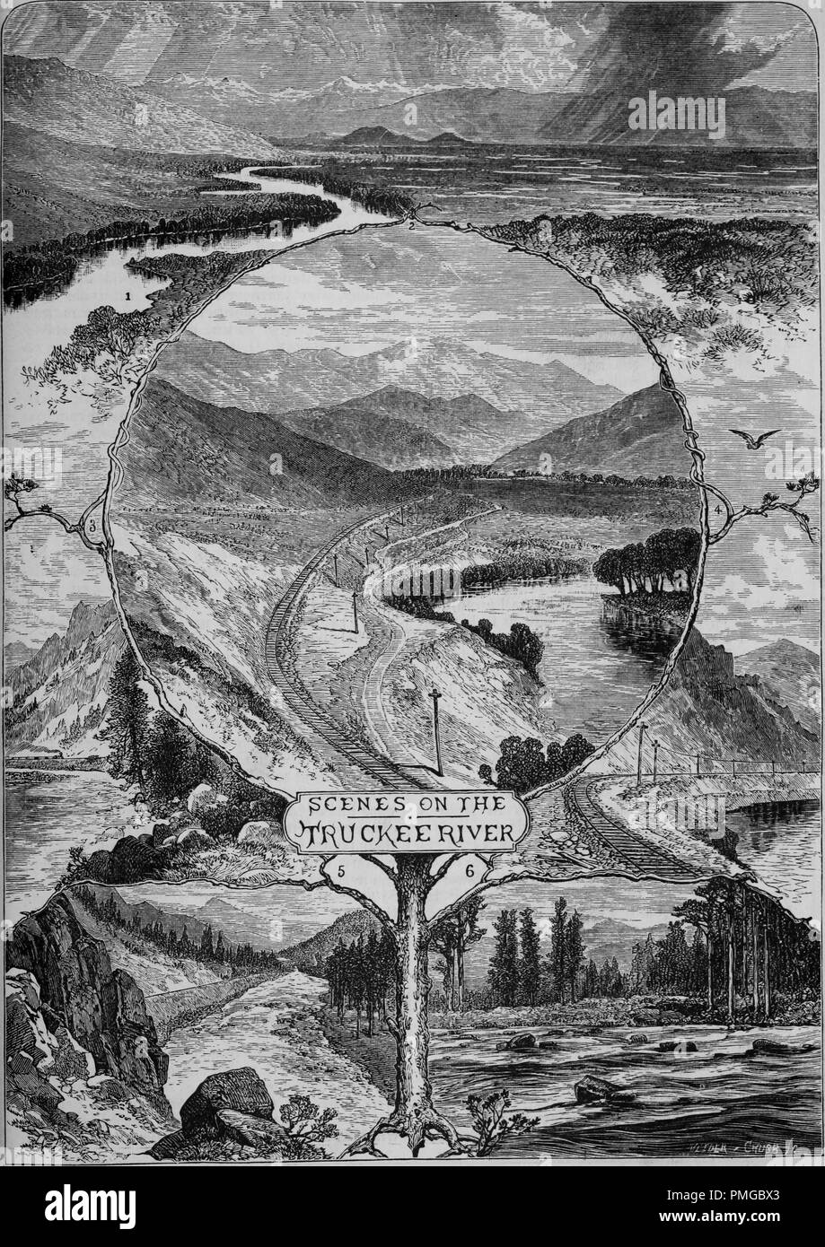 Gravures de la rivière Truckee Meadows Truckee, paysages et Sierras, Pleasant Valley, près de la région de la rivière Truckee, Red Bluff, pont à l'écart de l'Aigle, et les rapides de la rivière Truckee, du livre 'Le Pacific tourist', 1877. Avec la permission de Internet Archive. () Banque D'Images