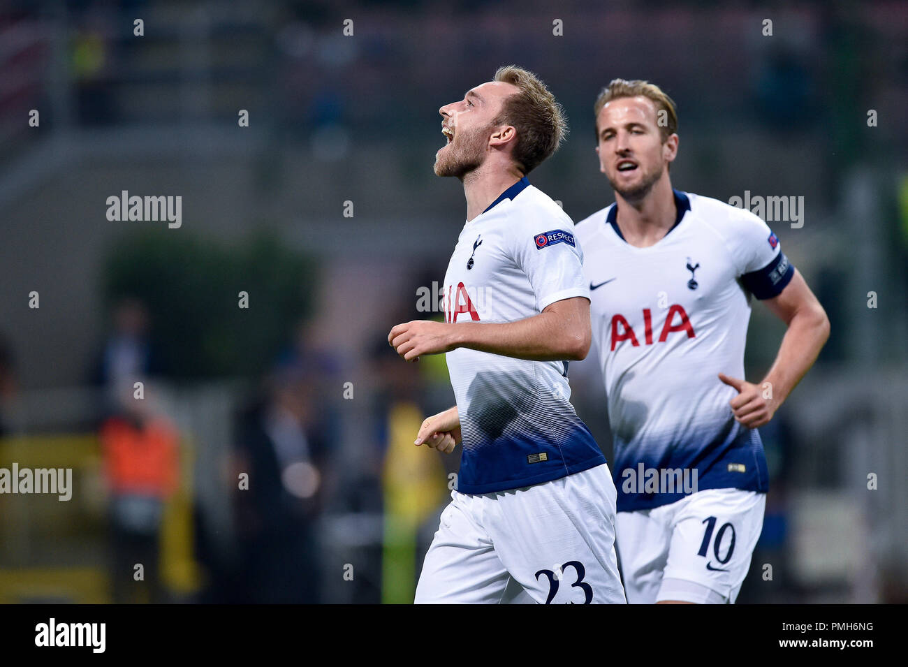 Milan, Italie. 18 septembre 2018. Christian Eriksen de Tottenham Hotspur célèbre le premier but de notation au cours de l'UEFA Champions League Groupe B match entre l'Inter Milan et Tottenham Hotspur au Stadio San Siro, Milan, Italie le 18 septembre 2018. Photo par Giuseppe maffia. 18 Sep, 2018. Credit : AFP7/ZUMA/Alamy Fil Live News Banque D'Images