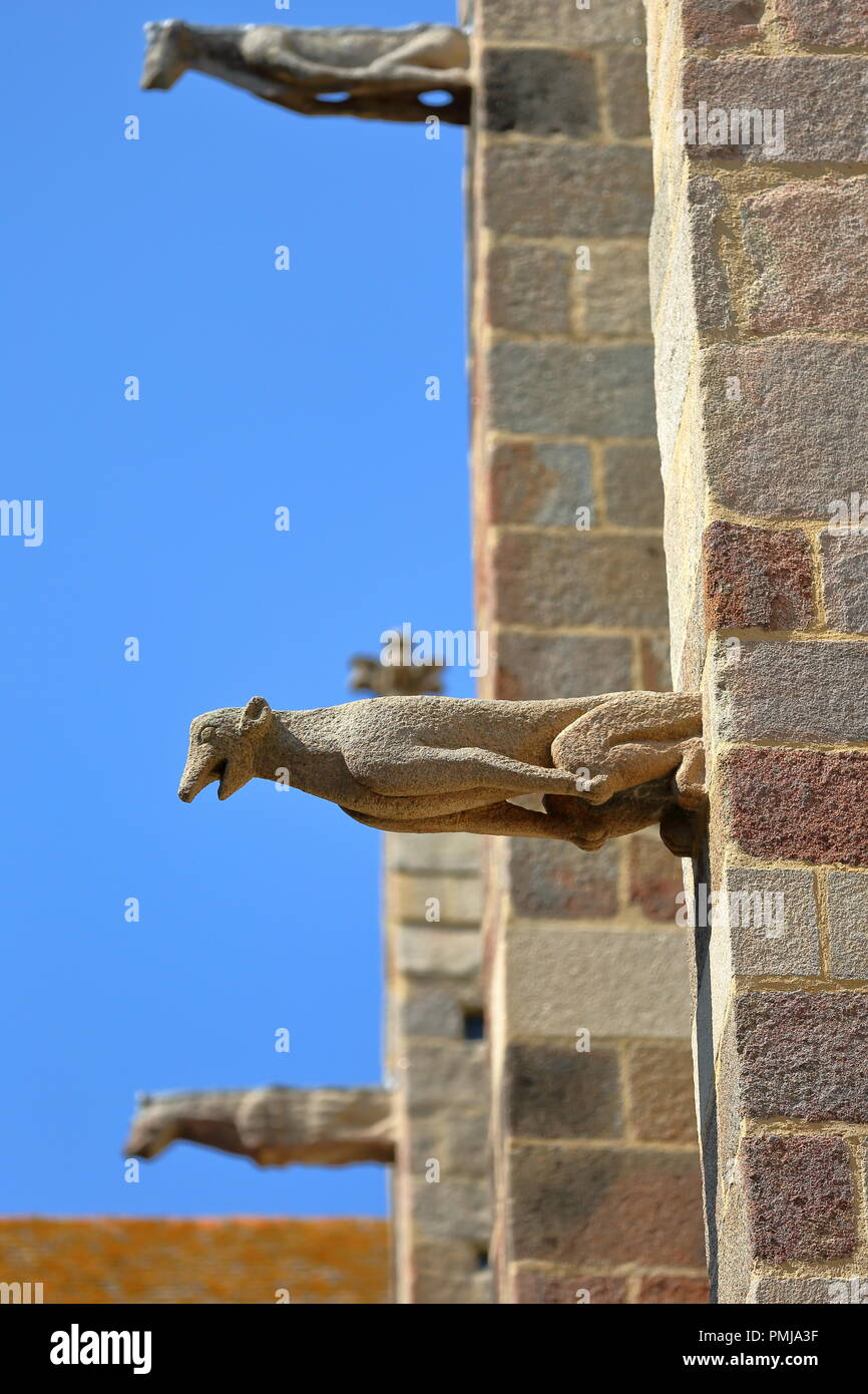 Gros plan sur les gargouilles en pierre sculptée sur la façade de la cathédrale de Saint Vincent à l'intérieur de la ville fortifiée de Saint Malo, Bretagne, France Banque D'Images