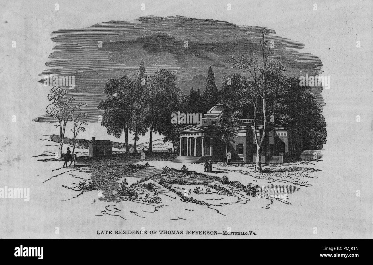 Gravure de Thomas Jefferson à Monticello résidence, Virginie, troisième président des États-Unis, un père fondateur et principal auteur de la Déclaration d'indépendance, 1870. À partir de la Bibliothèque publique de New York. () Banque D'Images