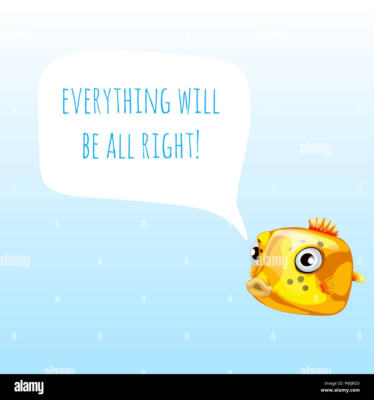 Avec l'affiche de Funny boxfish jaune marine ou Ostracion cubicus et les mots que tout ira bien. Exemple de conception de placard avec cute funny animals. Cartoon Vector illustration close-up. Illustration de Vecteur