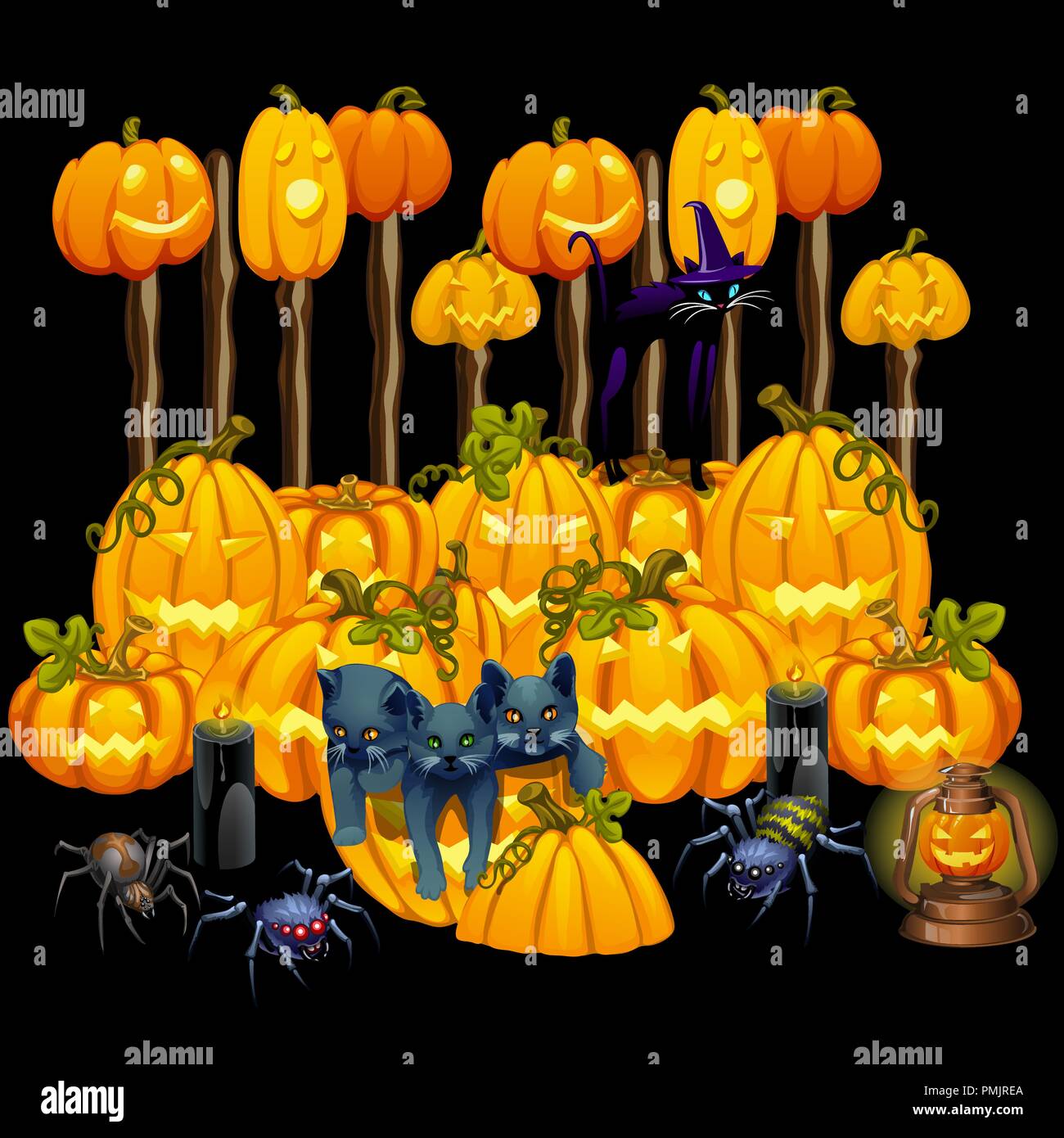 Poster dans le style de maison de tous les maux de l'Halloween. Trois chaton gris et de citrouilles à minuit. Glowing jack-o-lantern. Cartoon Vector illustration close-up. Illustration de Vecteur