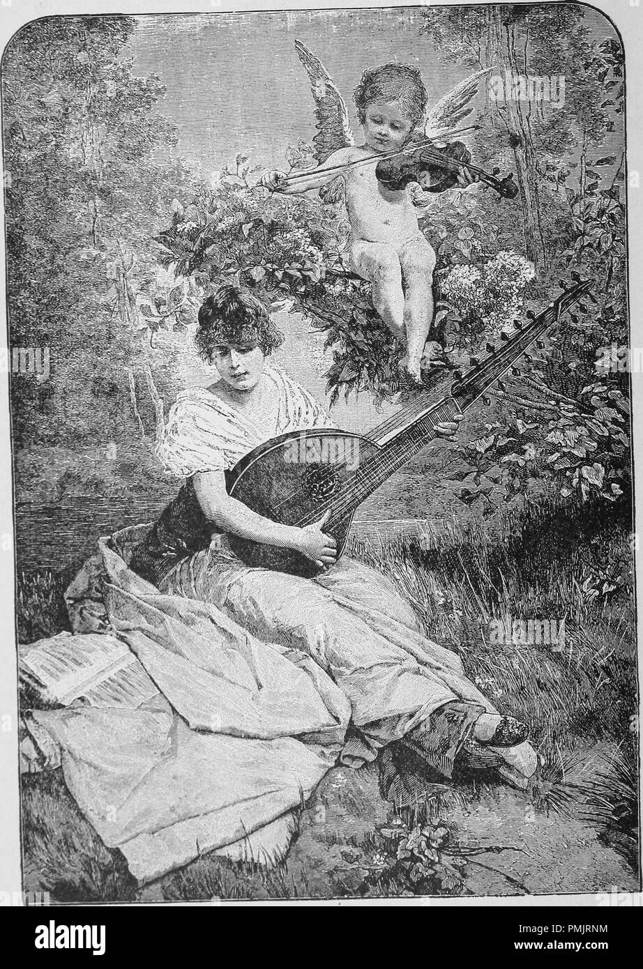 Gravure d'une jeune femme avec un ange au-dessus de son épaule à jouer de la musique, du livre "Notre société", 1891. Avec la permission de Internet Archive. () Banque D'Images
