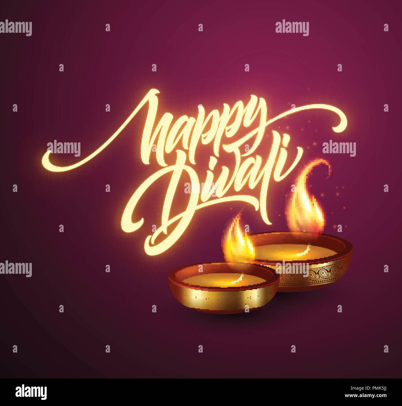 Happy Diwali festival des lumières. Lampe à huile rétro sur fond de ciel nocturne. Lettrage calligraphie part du texte. Vector illustration Illustration de Vecteur