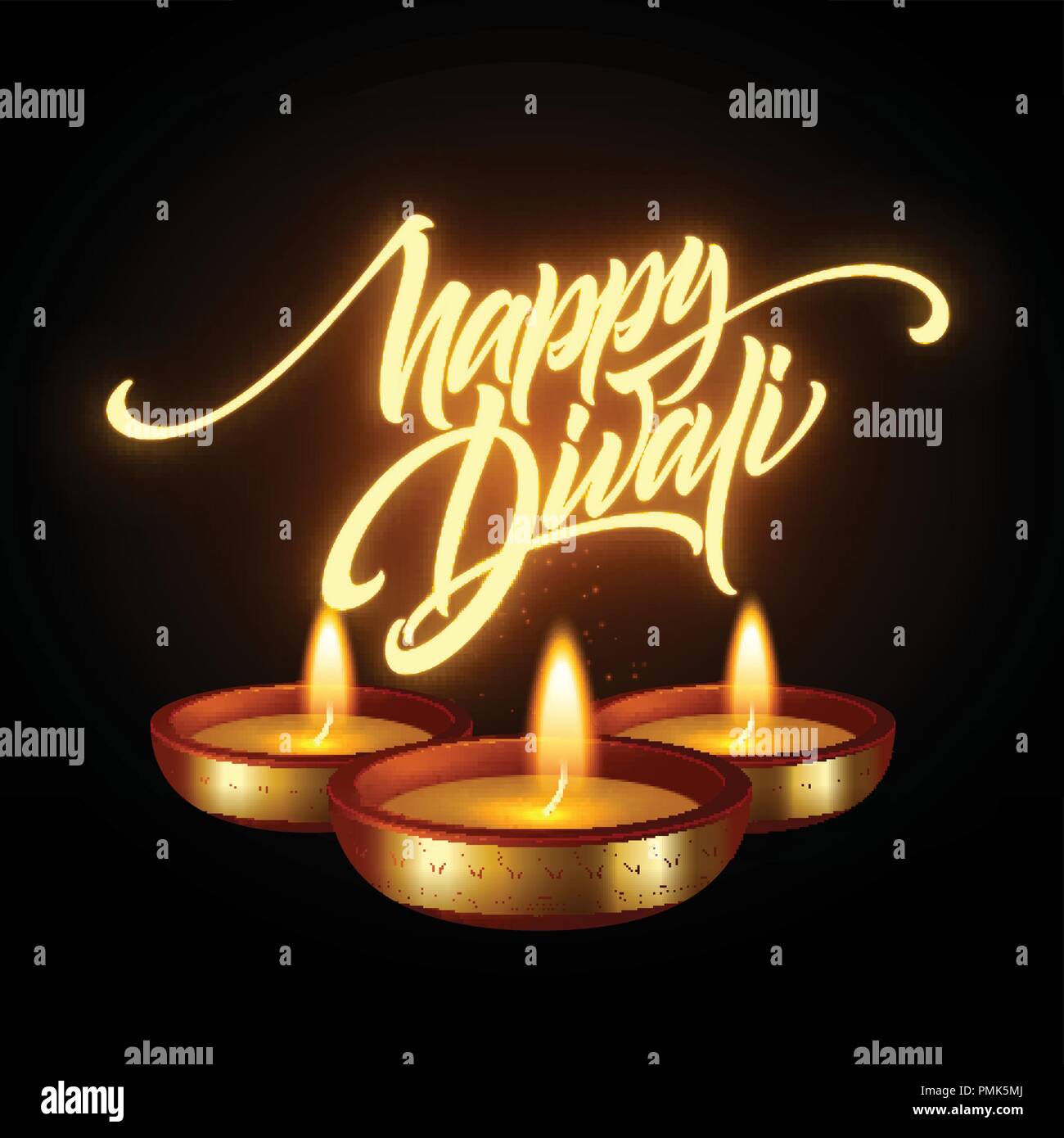 Happy Diwali festival des lumières. Lampe à huile rétro sur fond de ciel nocturne. Lettrage calligraphie part du texte. Vector illustration Illustration de Vecteur