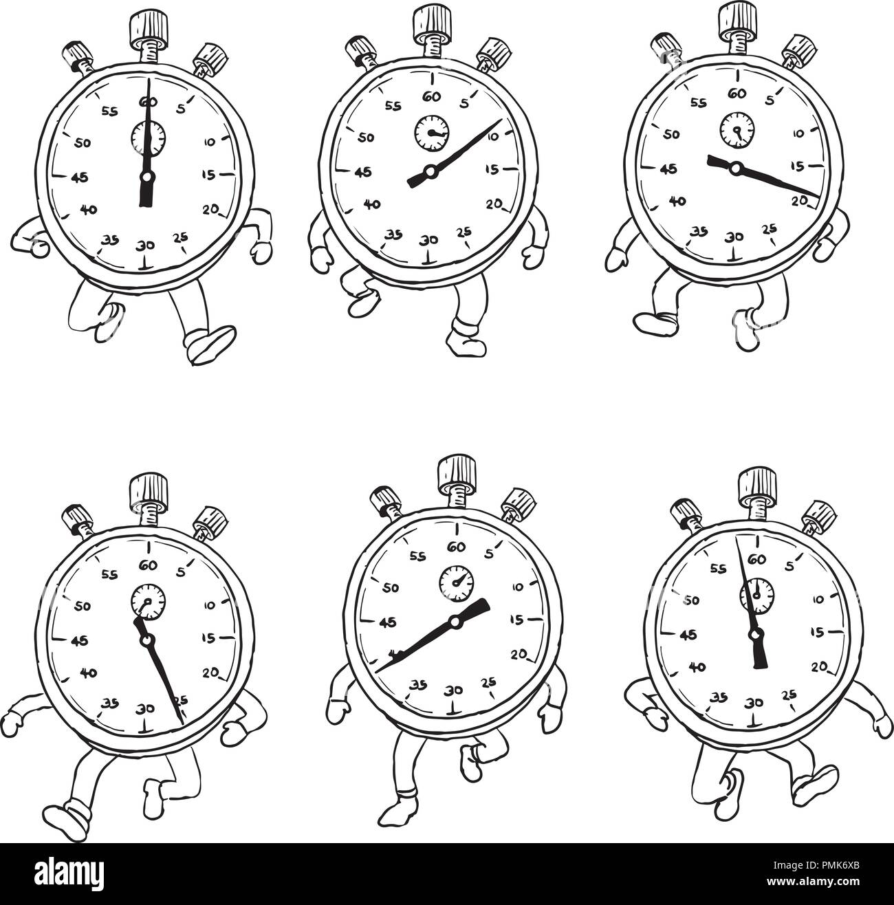 Croquis dessin illustration de style d'une séquence ou d'un cycle d'exécution chronomètre personnage avec jambes tournant vue de l'avant sur des backgrou Illustration de Vecteur