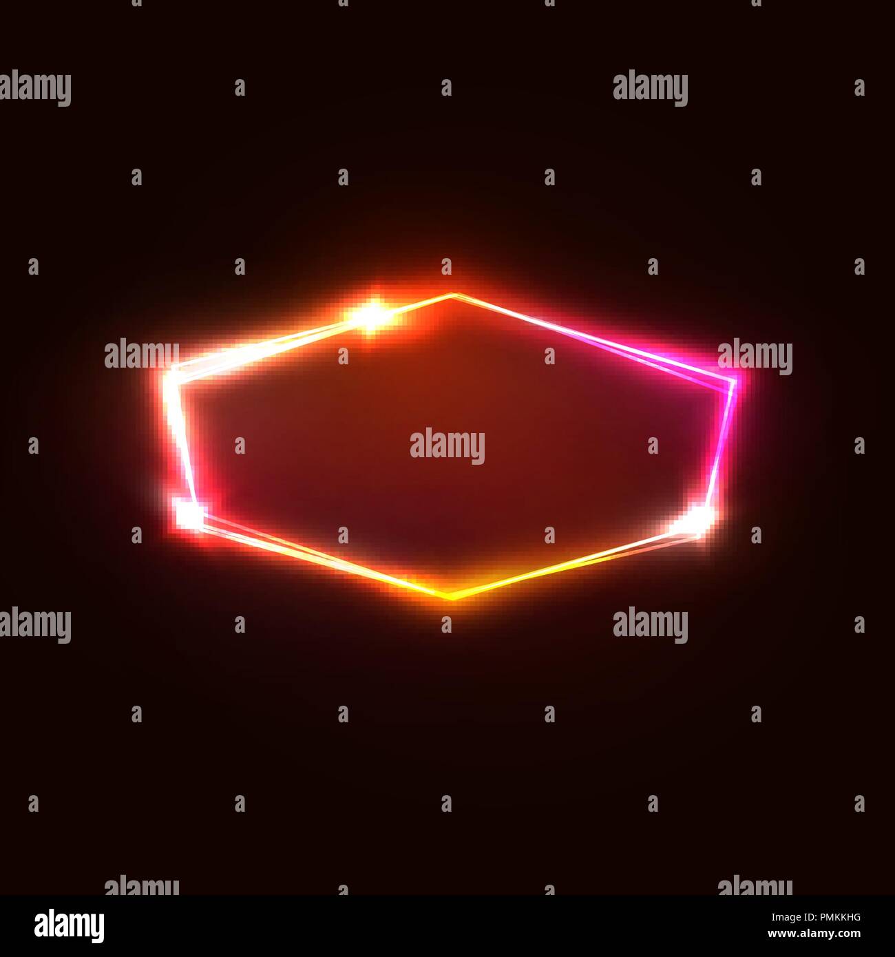 Neon light hexagone sur fond rouge foncé. Rouge, rose et jaune forme géométrique hexagonale électrique avec l'électricité brille et clignote. Vector illustration éclatante. Illustration de Vecteur