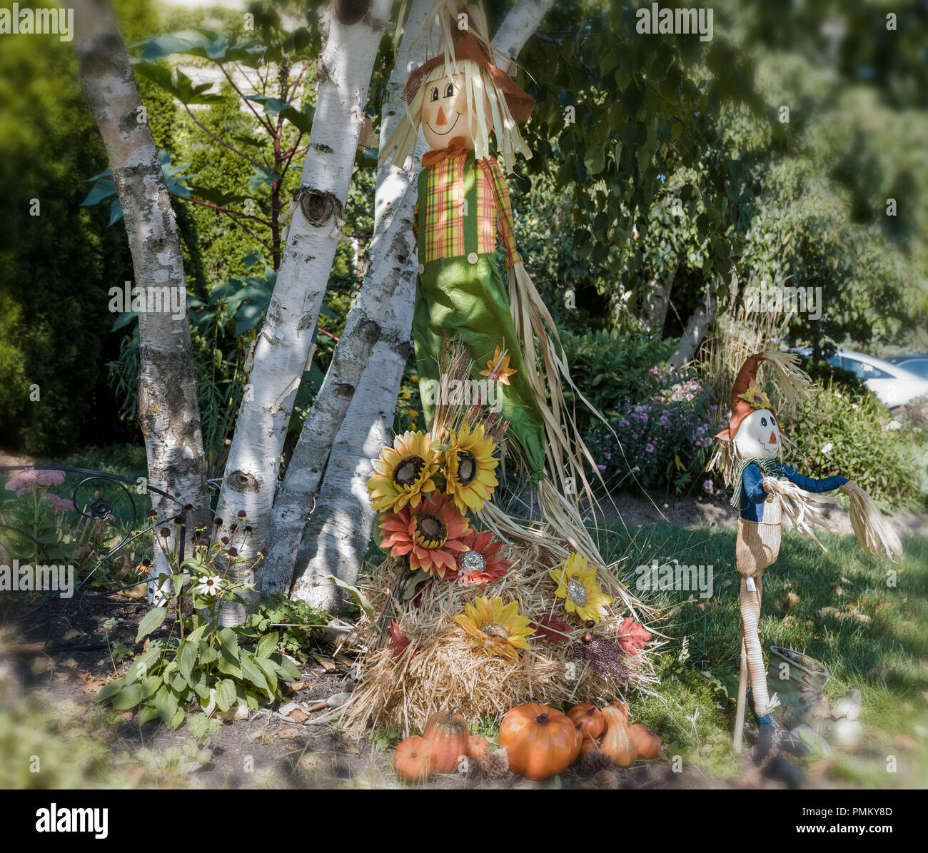 Halloween, à l'extérieur des décorations, homme de paille et d'épouvantails. Banque D'Images