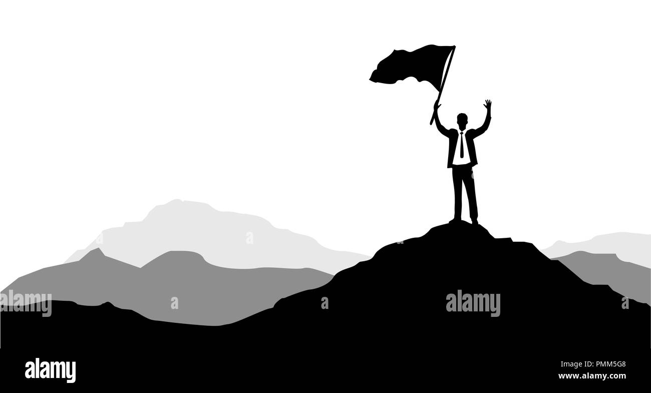 Hommes d'organiser un drapeau de la victoire sur un pic de montagne. concept d'entreprise. concept de leadership. illustration design graphique Banque D'Images
