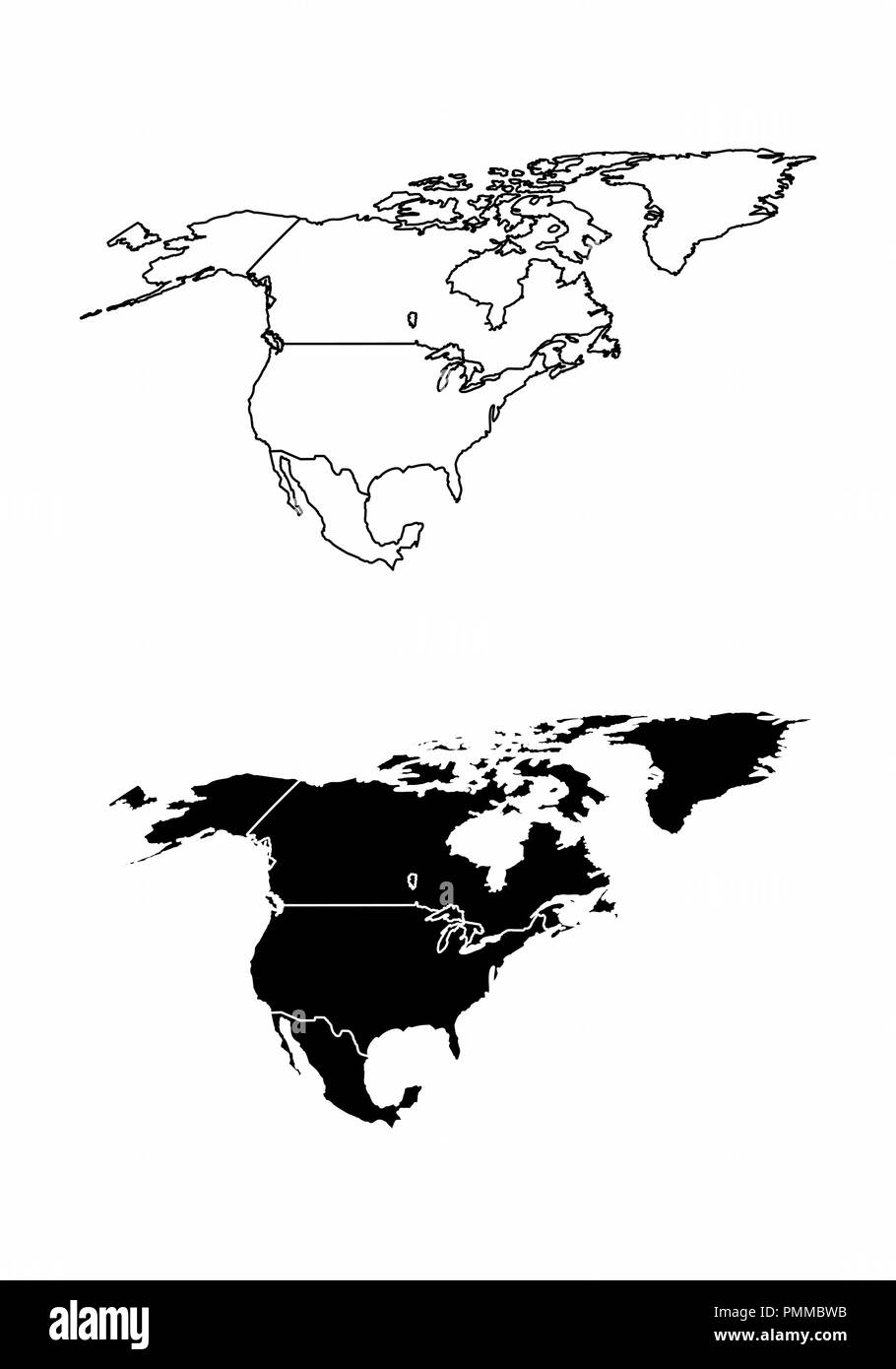 Cartes de la simplifiée amérique du nord avec les pays frontières. Le noir et blanc donne un aperçu. Illustration de Vecteur
