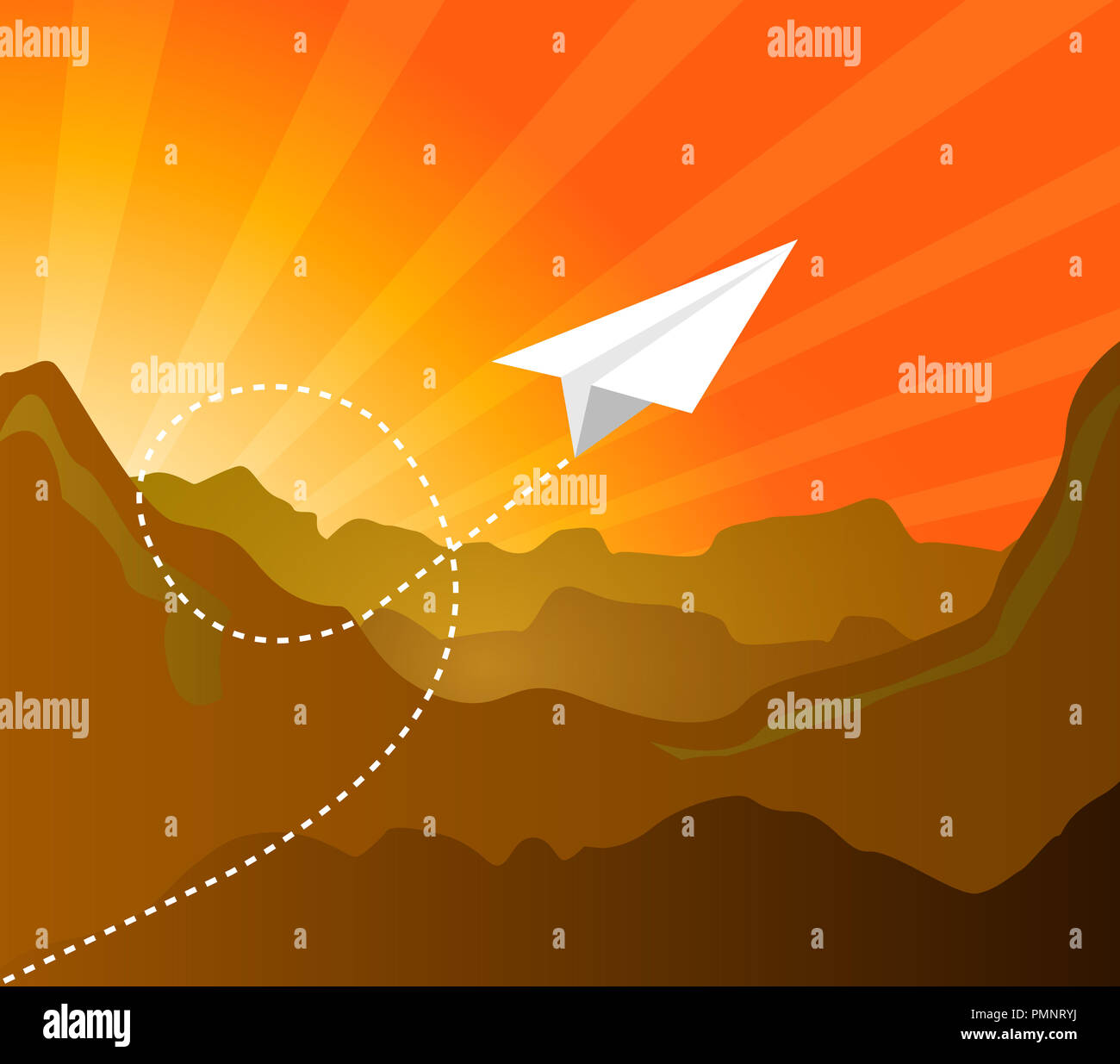 Paper Plane flying sur sunset mountain landscape design graphique illustration. Banque D'Images