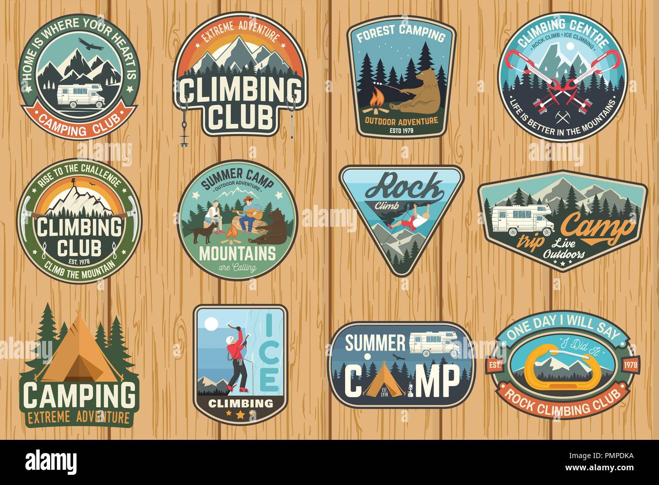 Ensemble d'Escalade club et camp d'insignes. Notion de vecteur pour chemise ou imprimer, stamp, patch ou tee. Typographie vintage design avec tente de camping, caravane, camping-, grimpeur, mousqueton et les montagnes Illustration de Vecteur