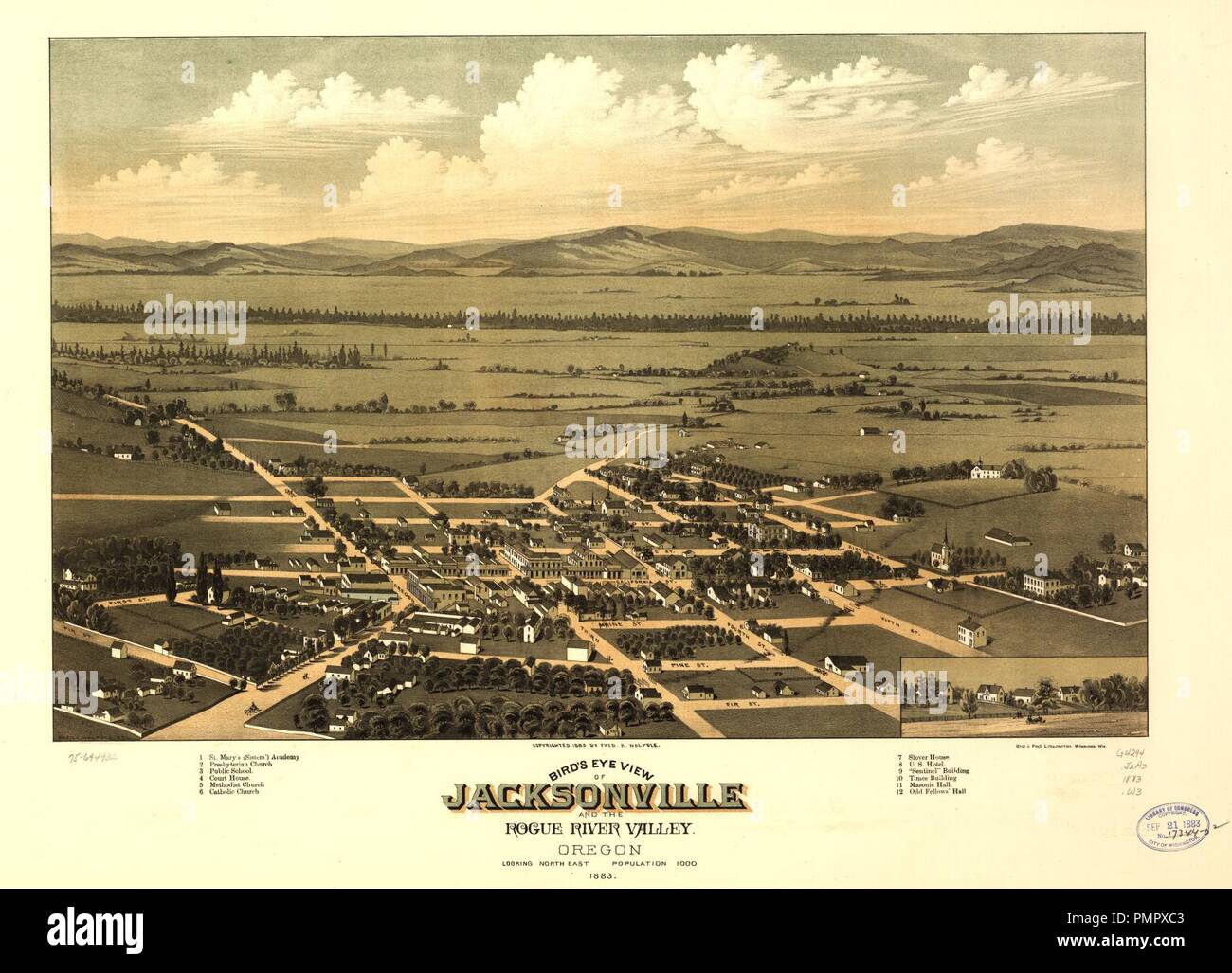 Vue à vol d'oiseau de Jacksonville et la Rogue River Valley, New York 1883. Banque D'Images