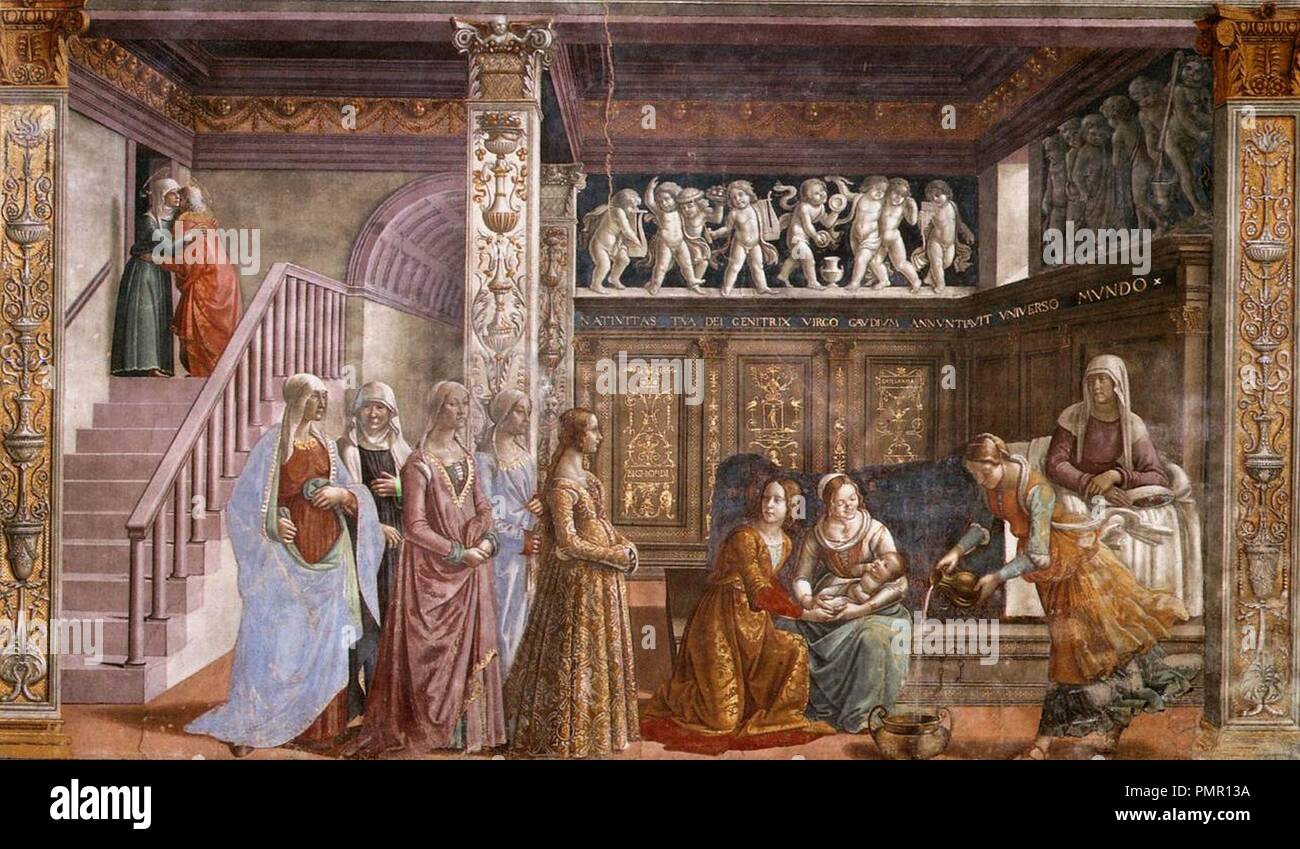 Naissance de St Mary à Santa Maria Novella à Florence par Domenico Ghirlandaio. Banque D'Images