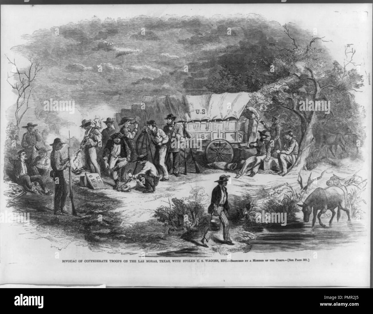 Bivouac des troupes confédérées sur le Las Moras, Texas (mars1861) Banque D'Images