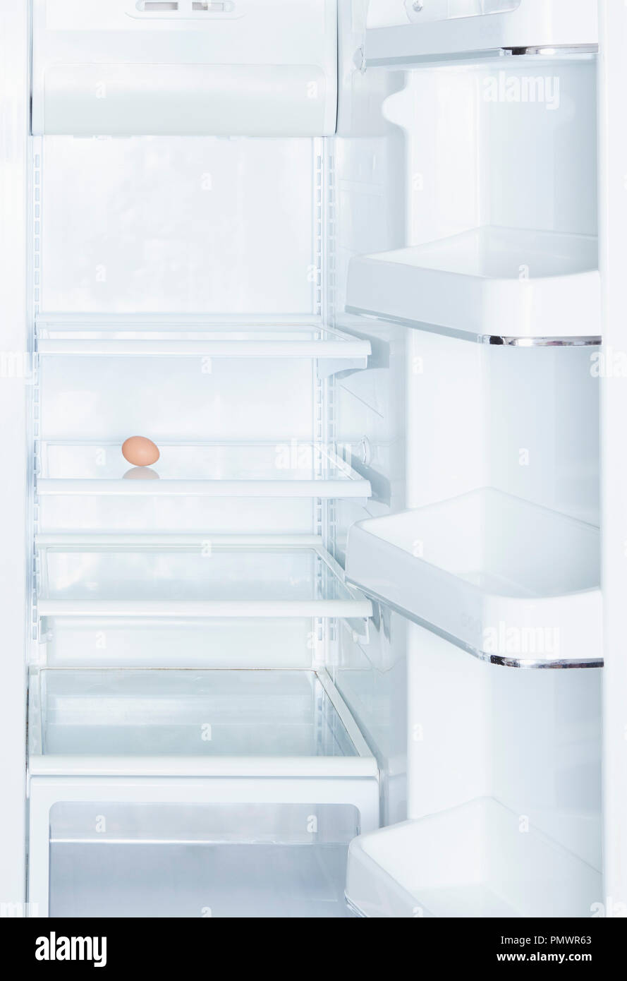 Brown egg dans ouvrir, blanc réfrigérateur vide Banque D'Images