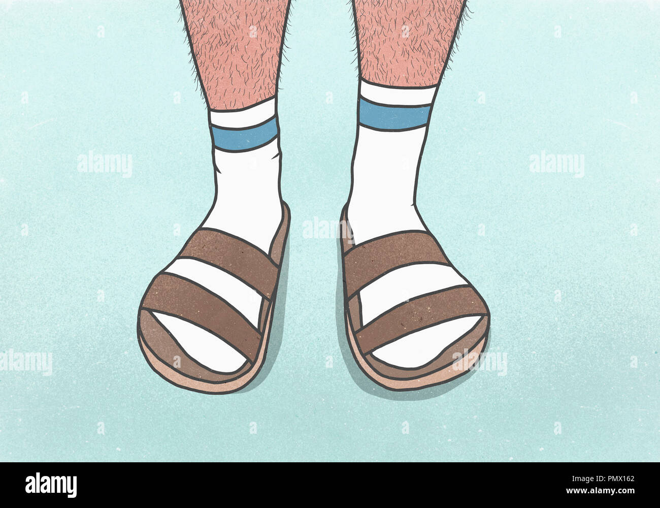La section basse homme avec les jambes poilues de porter des chaussettes et des sandales Banque D'Images