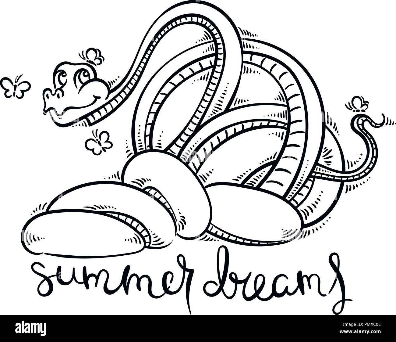 Rêves d'été. Drôle et sympathique serpent dessin animé avec des papillons. Cute vector illustration pour les enfants, d'impression, de conception, de cartes, de coloration. Illustration de Vecteur