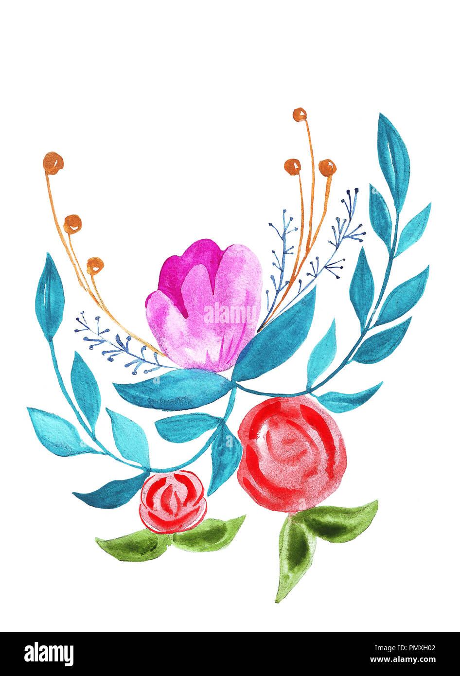 Illustration d'un bouquet de fleurs et de plantes différentes dans le style des contes de fées Banque D'Images
