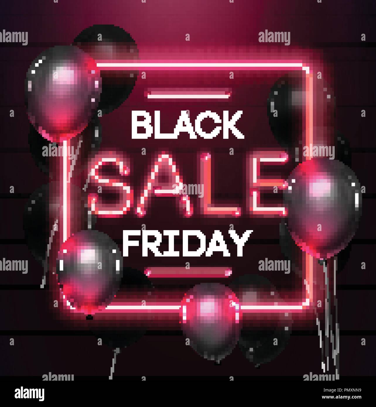 Vendredi noir néon vente arrière-plan. Week-end noir vente bannière. Le black friday shopping avec black baloons illustration. Illustration de Vecteur
