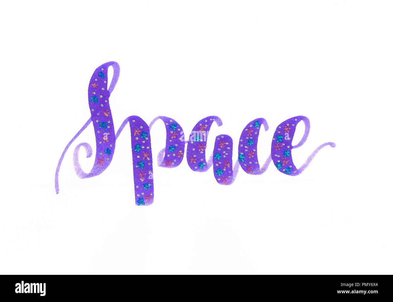 L'espace - galaxie inscription en mauve avec des étoiles métalliques lettrage main Banque D'Images