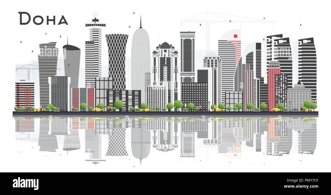 Doha Qatar avec toits de bâtiments gris isolé sur fond blanc. Vector Illustration. Les voyages d'affaires et tourisme Concept avec l'Architecture Moderne Illustration de Vecteur