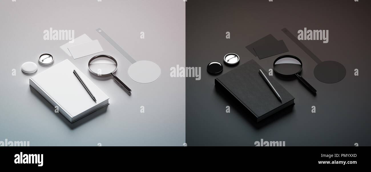 Présentation du livre noir et blanc des éléments de conception des maquettes, rendu 3d. Maquettes, objets vide magasin livresque présentant un modèle. Je marque librairie Banque D'Images
