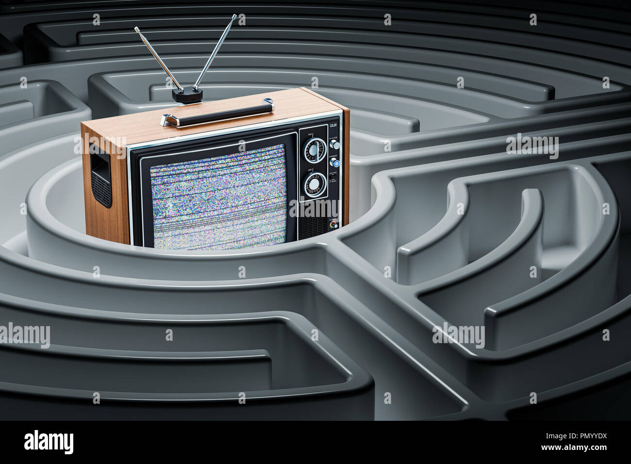 Téléviseur à l'intérieur du labyrinthe labyrinthe. Le rendu 3D Banque D'Images Téléviseur à l'intérieur du labyrinthe labyrinthe. Le rendu 3D Banque D'Images