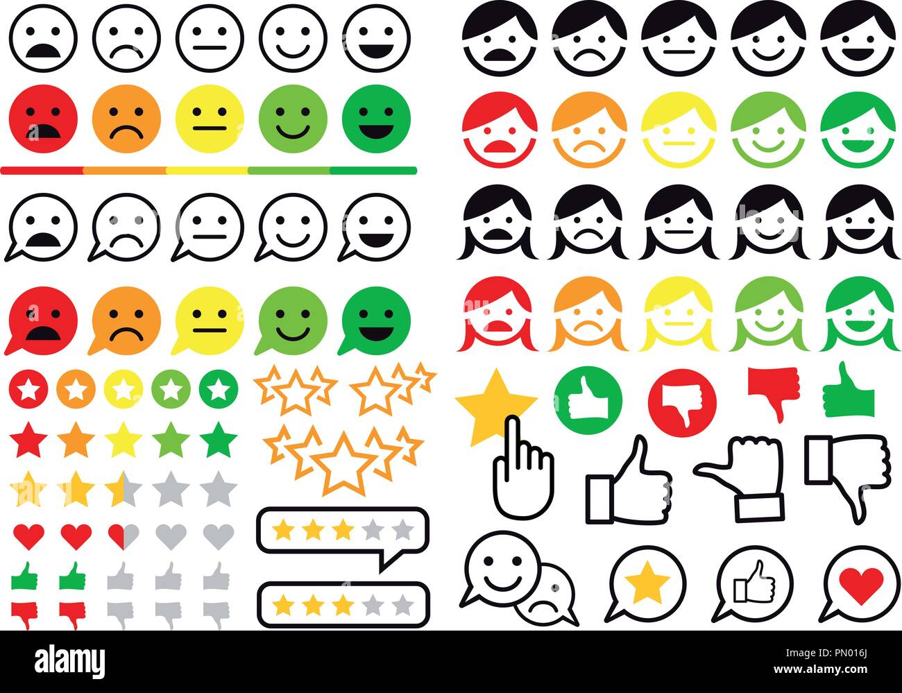 Évaluation, examen, télévision commentaires icônes, aiment et n'aiment pas les boutons, emoji utilisateur pour le site web et boutique en ligne, l'ensemble des éléments de conception de scénario Illustration de Vecteur
