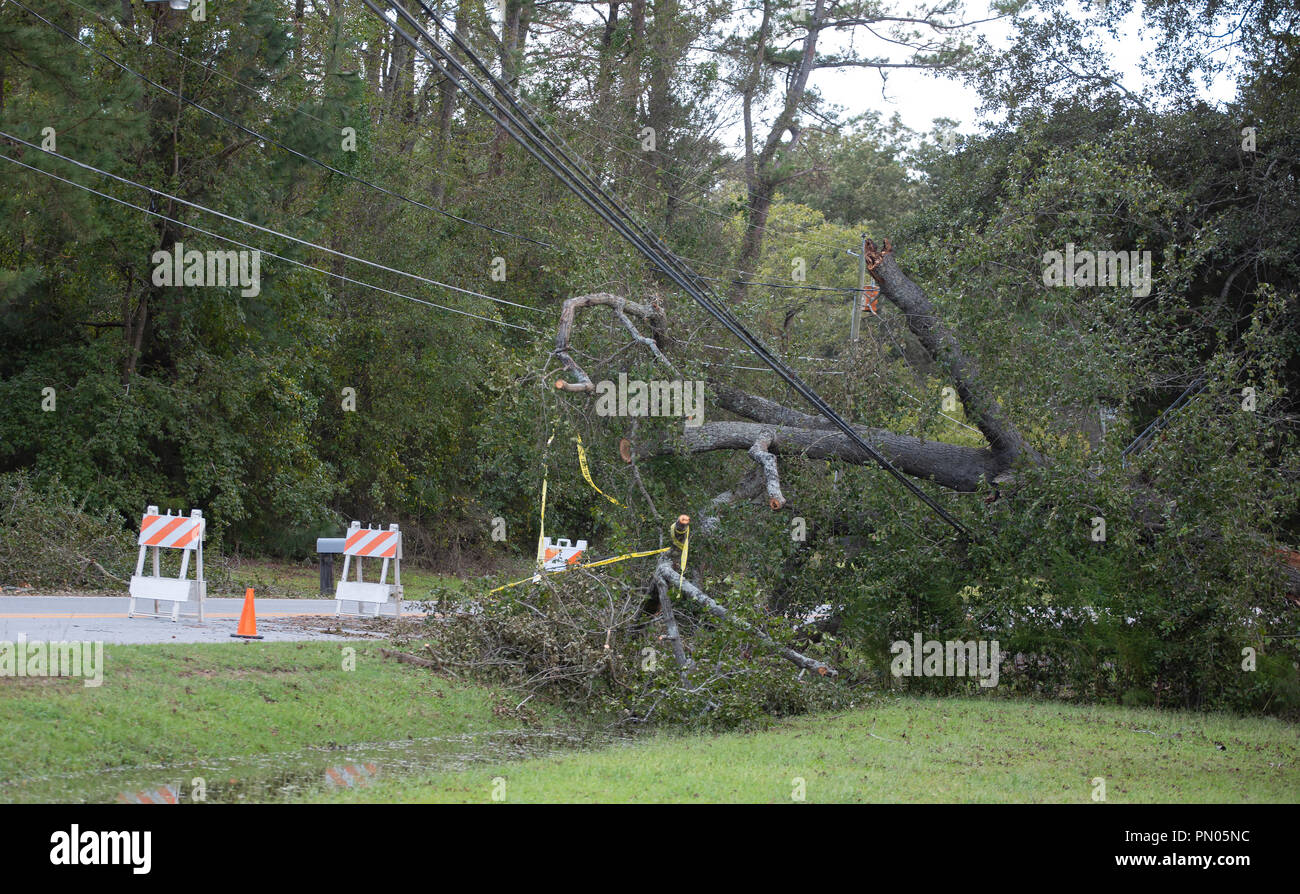 Wagram, North Carolina, United States/Septembre 18, 2018 : ligne électrique qui était au cours de l'ouragan Florence Banque D'Images