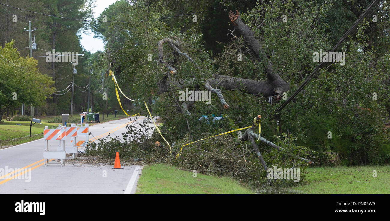 Wagram, North Carolina, United States/Septembre 18, 2018 : ligne électrique qui était au cours de l'ouragan Florence Banque D'Images