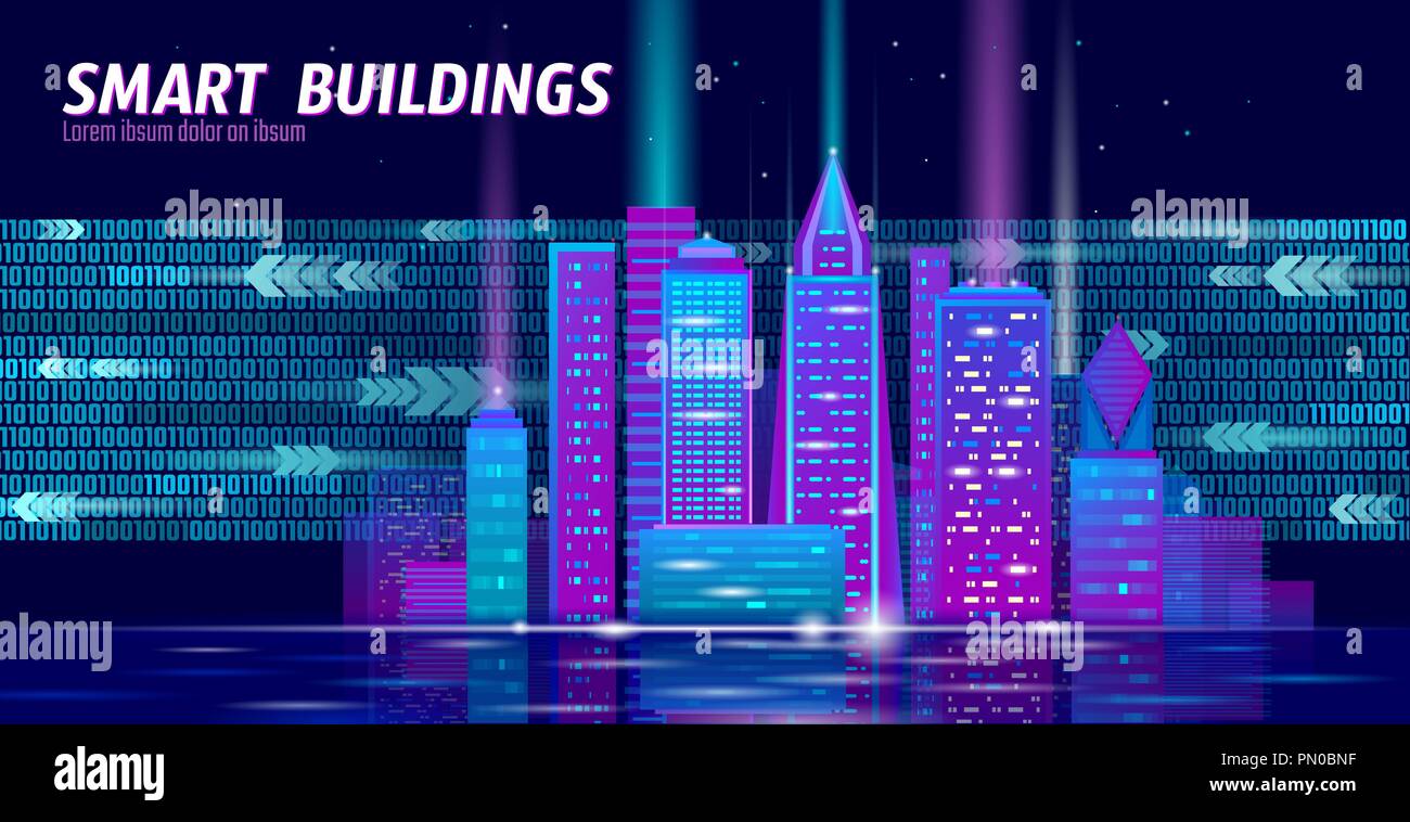 Smart city neon 3D cityscape rougeoyant. L'automatisation du bâtiment intelligent concept d'affaires futuriste de nuit. En ligne web cyberpunk de couleur vive retrowave. Bannière de la technologie urbaine vector illustration Illustration de Vecteur