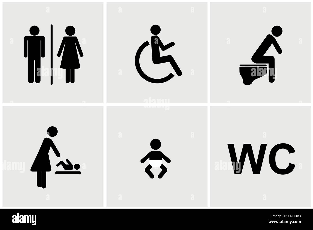 Ensemble d'icônes WC Sexe homme femme bébé toilettes handicapés changement isolé sur un fond blanc pictogramme vector illustration EPS10 Illustration de Vecteur