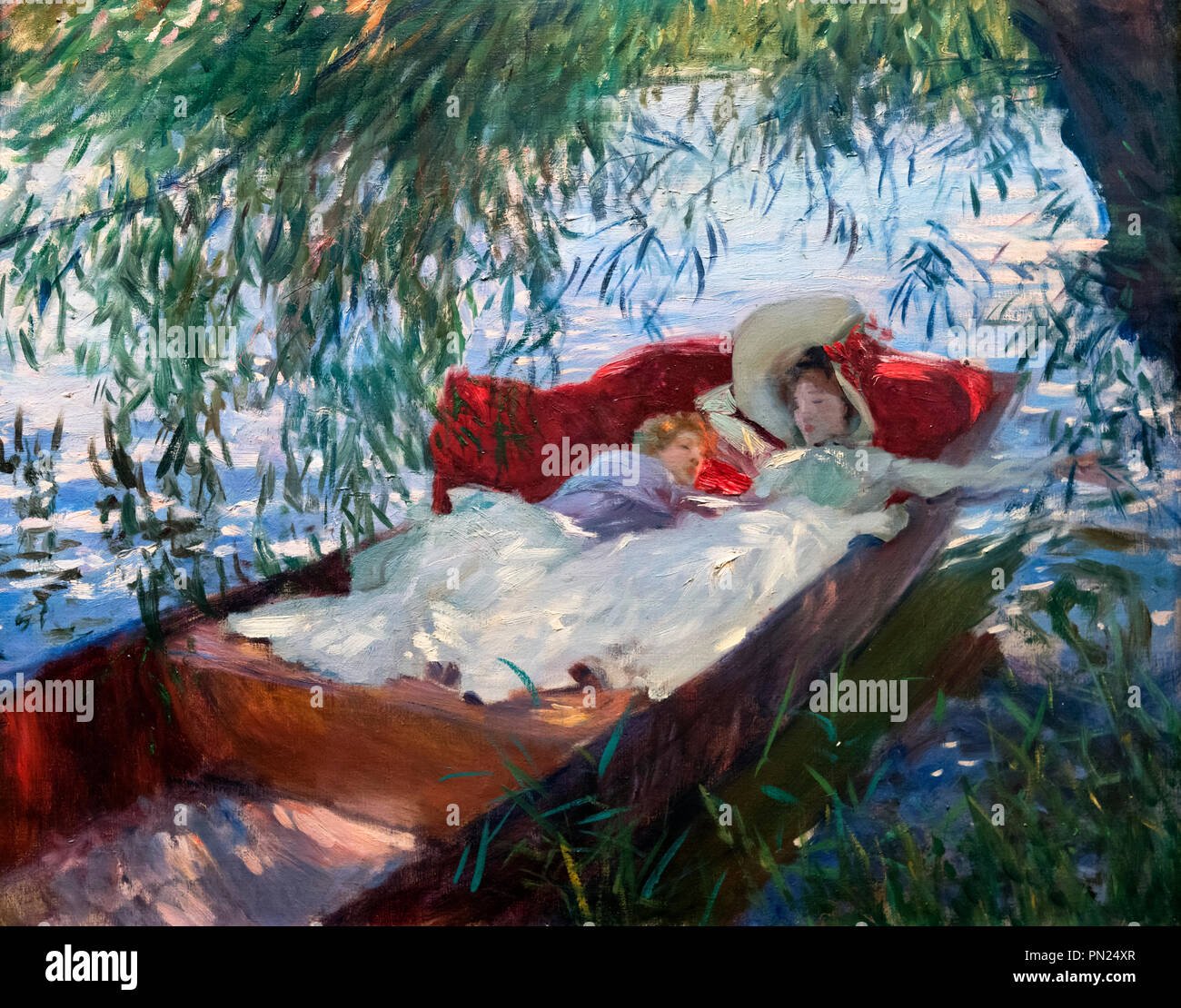 Peinture de John Singer SARGENT (1856-1925) intitulée "Femme et enfant endormi dans un Punt sous les saules", huile sur toile, 1887 Banque D'Images