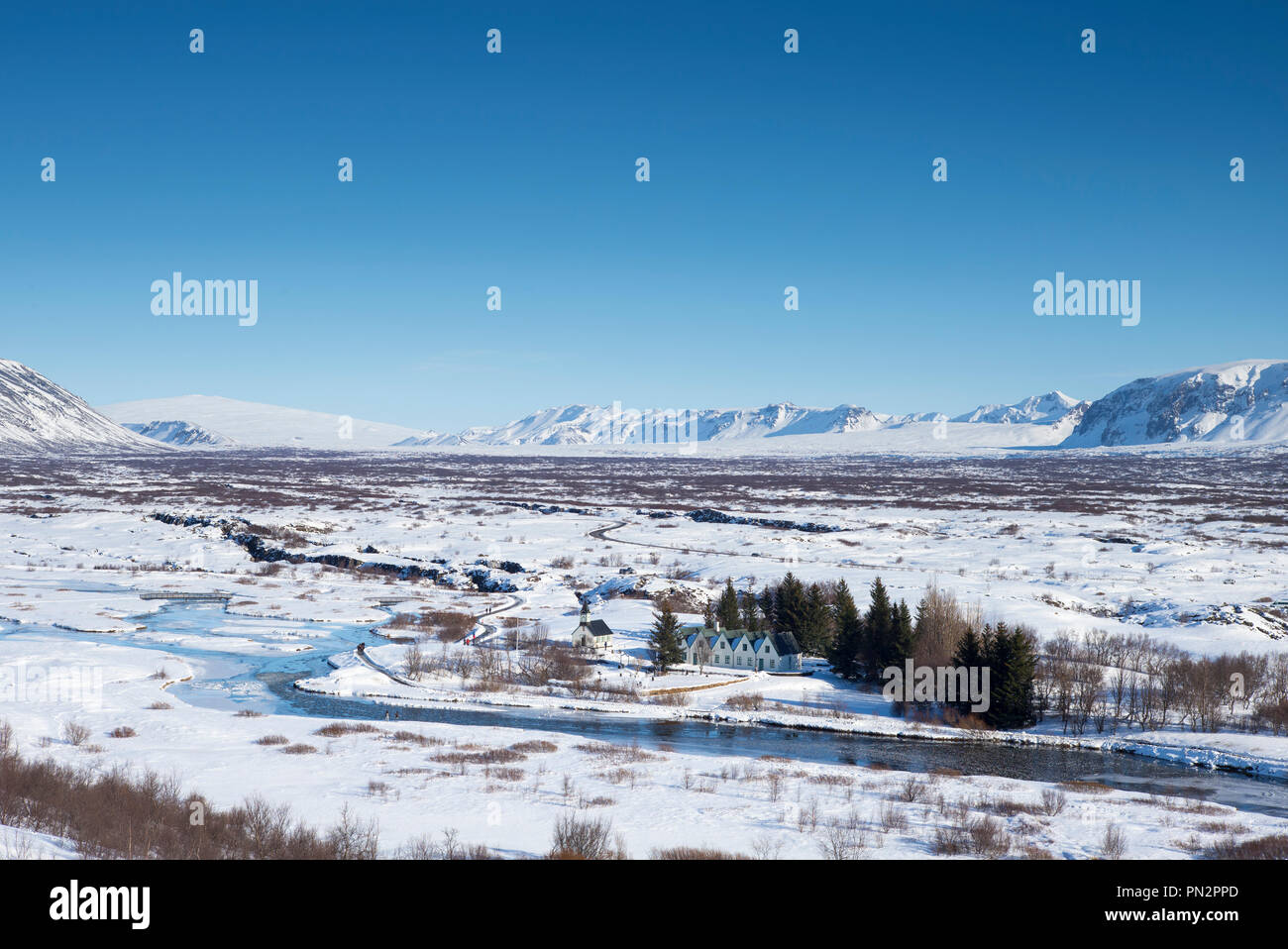 Vue de dessus de la neige, célèbre site touristique le Parc National de Thingvellir - Pingvellir - en Islande Banque D'Images