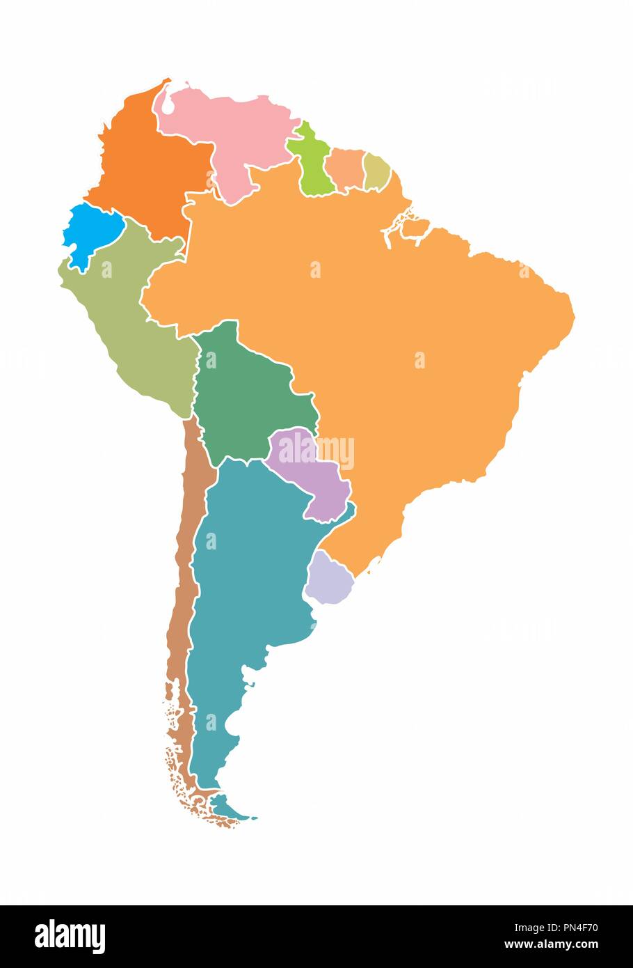 Une carte en couleurs de l'Amérique du Sud sur fond blanc Illustration de Vecteur