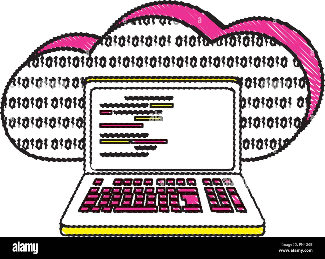 Data cloud râpé et ordinateur portable avec le code de programmation. Illustration de Vecteur
