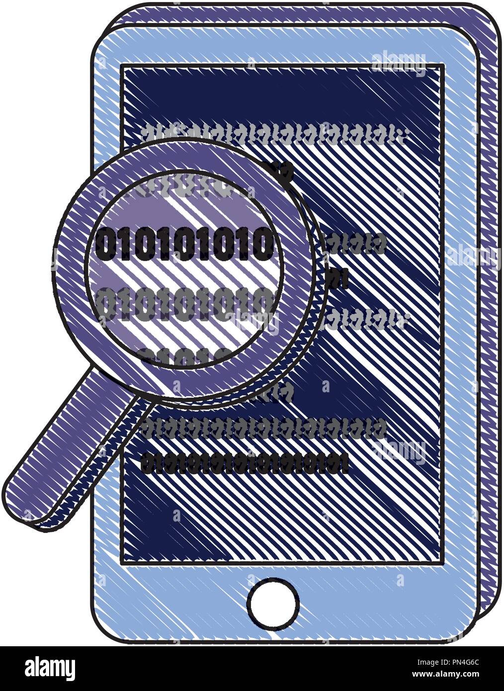 Smartphone râpé et loupe avec programme de code Illustration de Vecteur