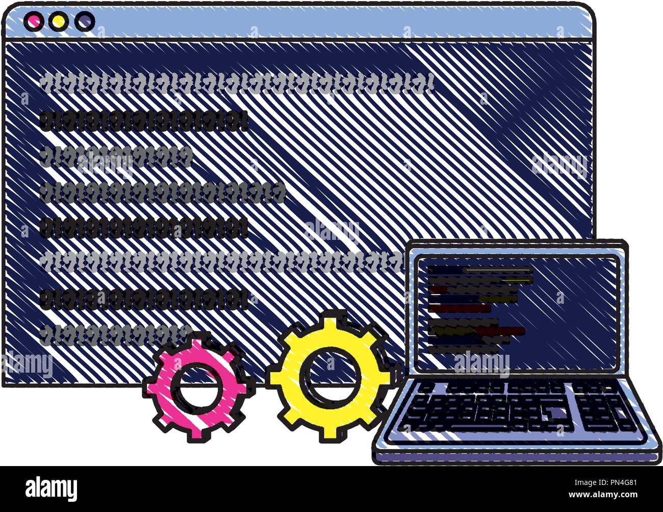Ordinateur portable râpé et le site web avec des données code de programme Illustration de Vecteur