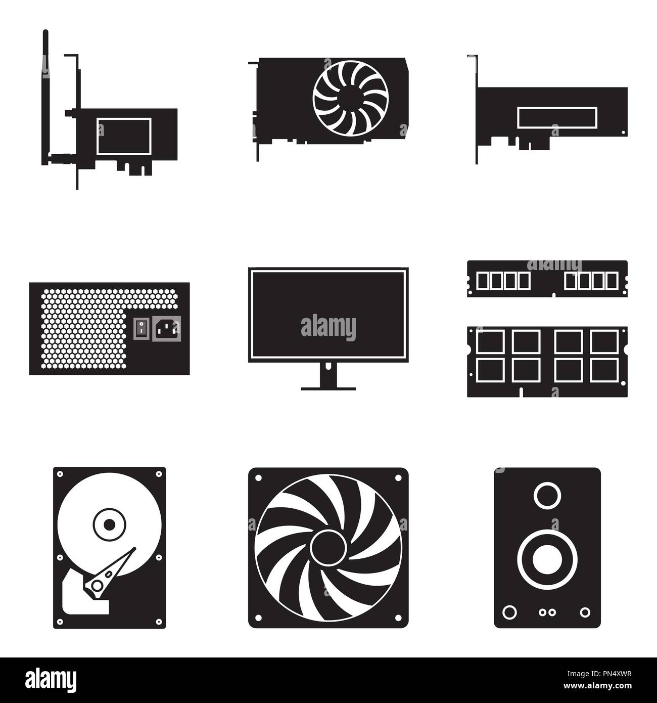 Les composants de l'ordinateur icon set. Vecteur Silhouette Illustration de Vecteur
