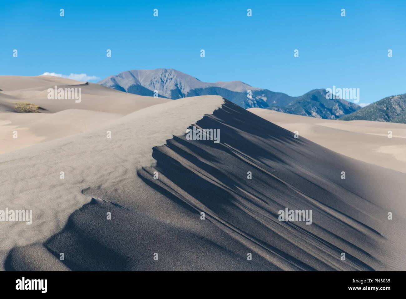 Dunes de sable et des ombres dramatiques et textures vers les montagnes Rocheuses, à Great Sand Dunes National Park, Colorado Banque D'Images