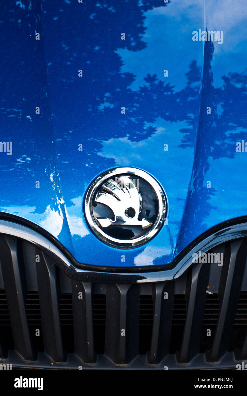 Logo de Skoda sur la calandre d'une voiture bleue Banque D'Images