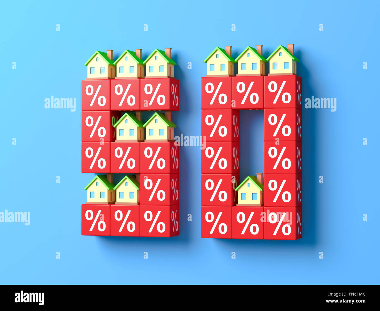 Nombre cinquante avec maisons miniatures et du pourcentage des blocs. Le rendu 3d. Banque D'Images