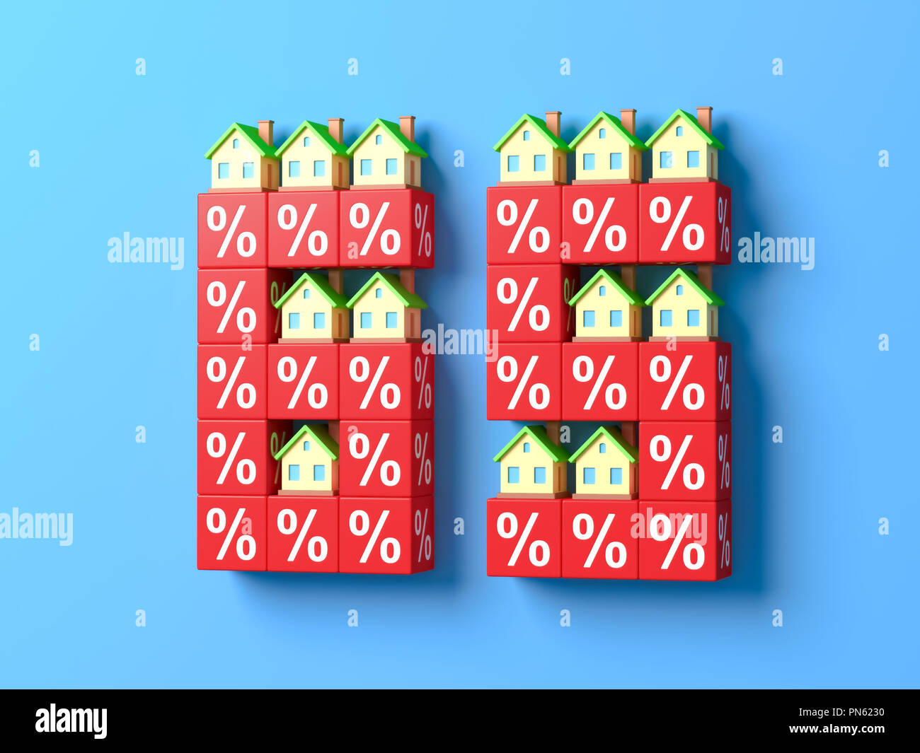 Nombre soixante cinq avec maisons miniatures et du pourcentage des blocs. Le rendu 3d. Banque D'Images