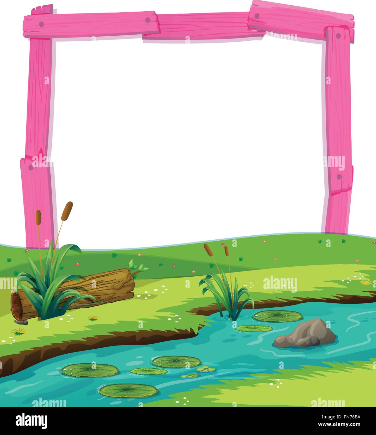 Cadre en bois rose et rivière paysage illustration Illustration de Vecteur
