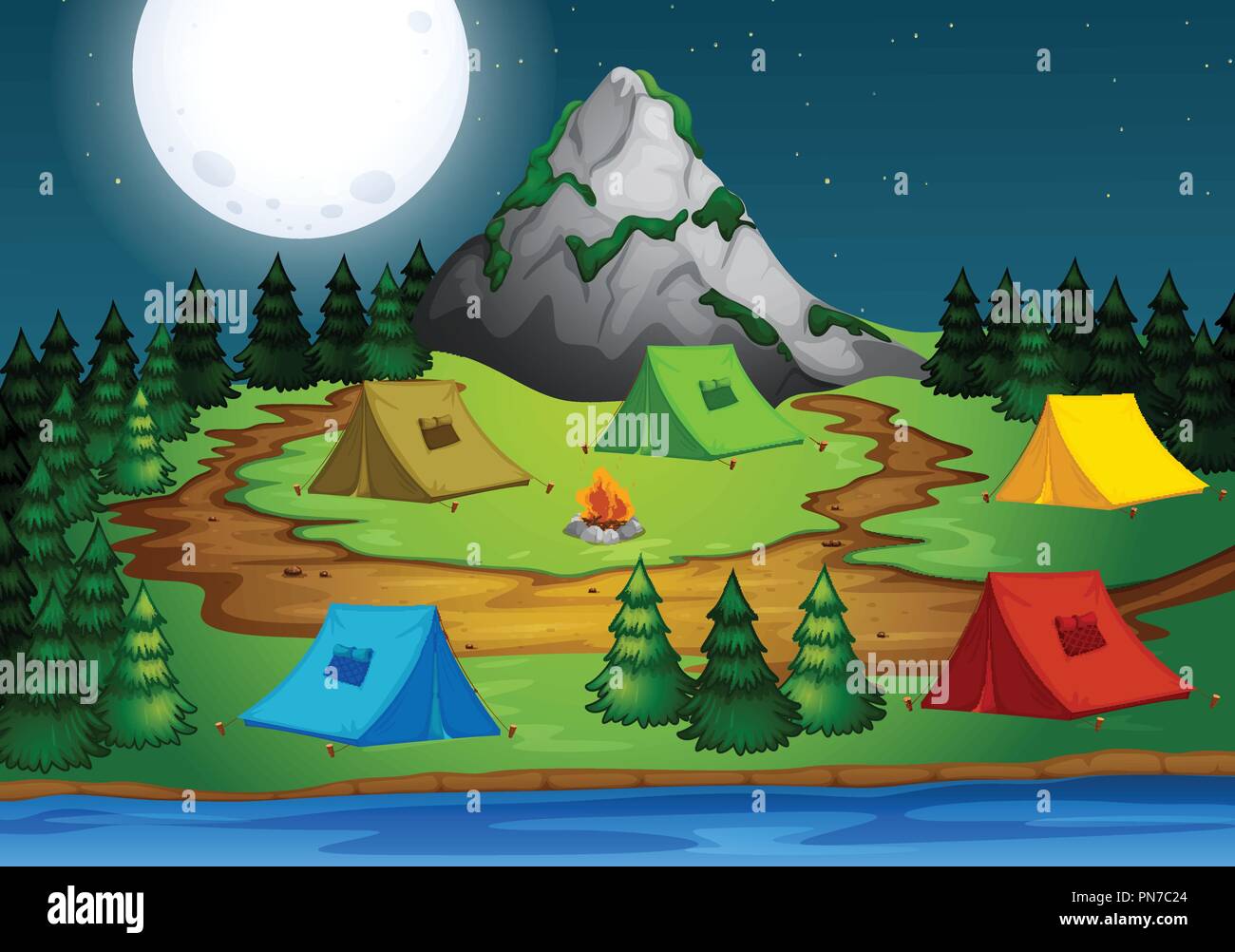 Camping dans la forêt la nuit illustration Illustration de Vecteur