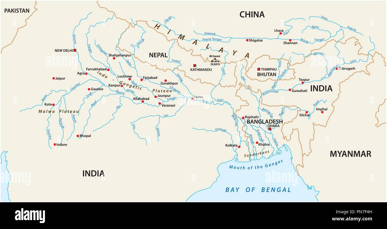 Carte vectorielle de la zone du Gange, du Brahmapoutre et de la Meghna. Illustration de Vecteur