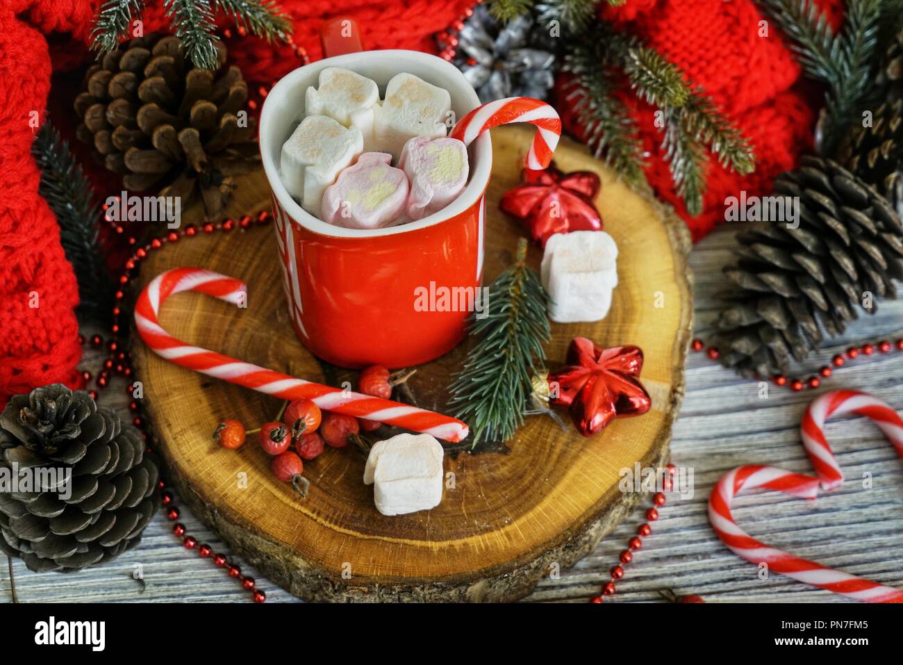 Une tasse de boisson d'hiver chaud avec de la guimauve et de la cannelle. Arrière-plan de l'an 2019. Banque D'Images