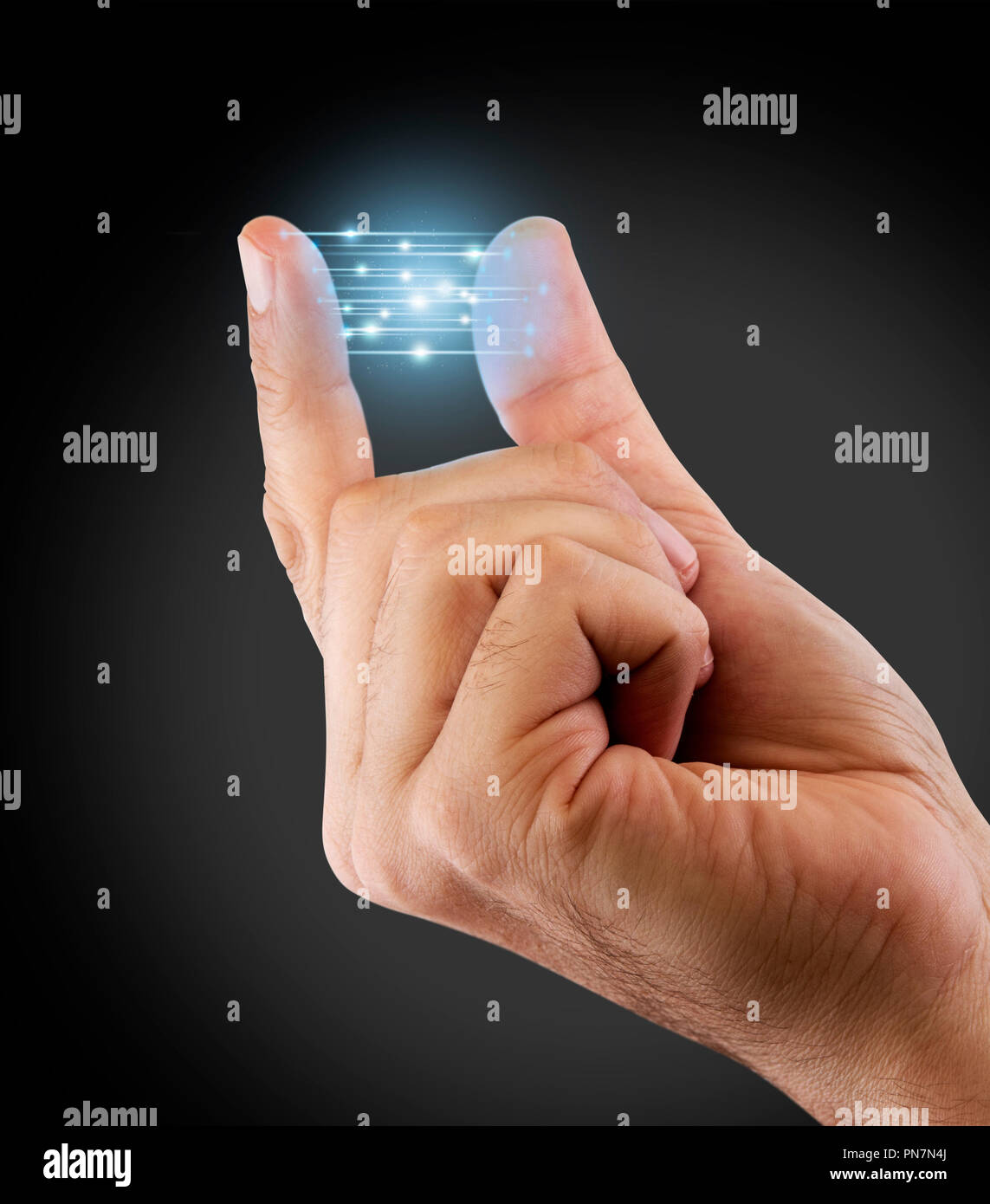 Un gros plan d'une main humaine avec l'index et le pouce la création d'une intelligence artificielle entre l'étincelle technologique - 3D render Banque D'Images